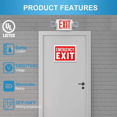 Emergency exit sign on a door with product features listed above.