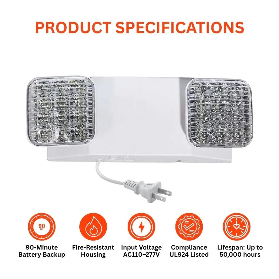 Emergency light fixture with specifications on a white background