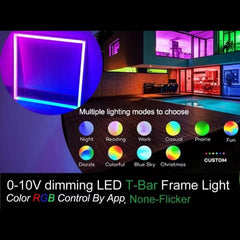 LED T-Bar Frame Light with RGB color options and dimming control on a dark background.