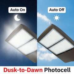 Two LED floodlights showing 'Auto On' during night and 'Auto Off' during day with 'Dusk-to-Dawn Photocell' text.