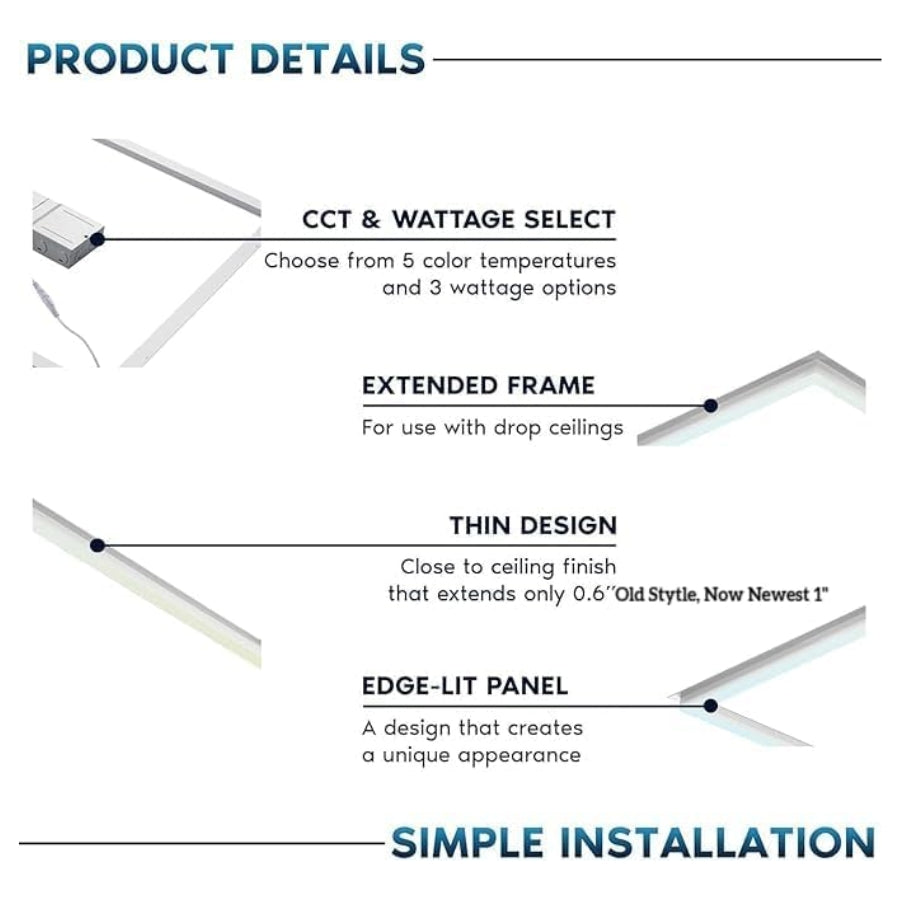 Product details of a light fixture with features like CCT & wattage select, extended frame, thin design, edge-lit panel, and simple installation.