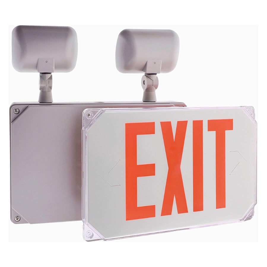 Exit sign with red letters on a white background