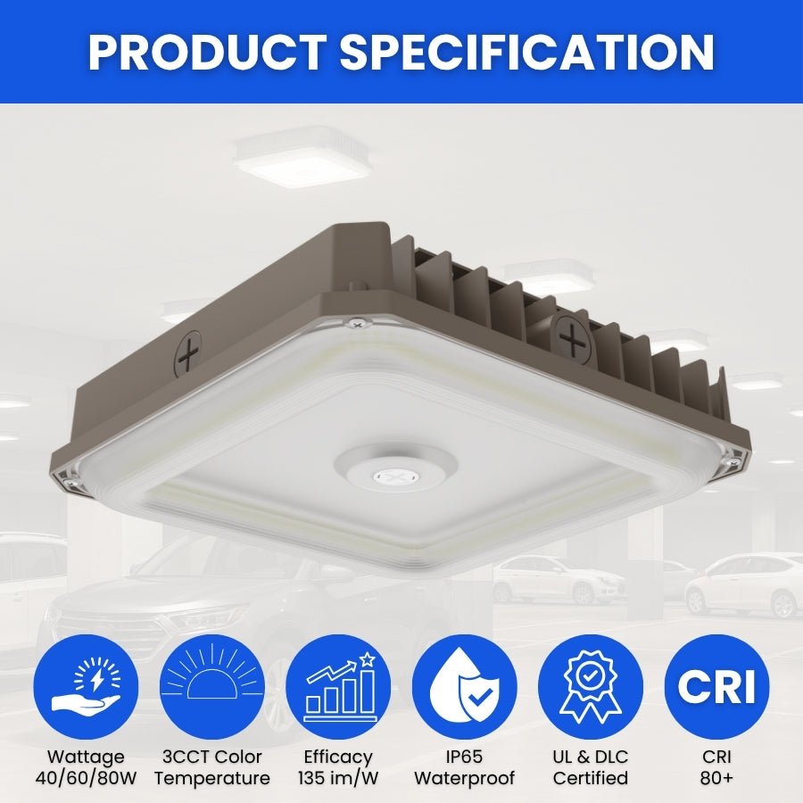 Ceiling light fixture with product specifications on a white background