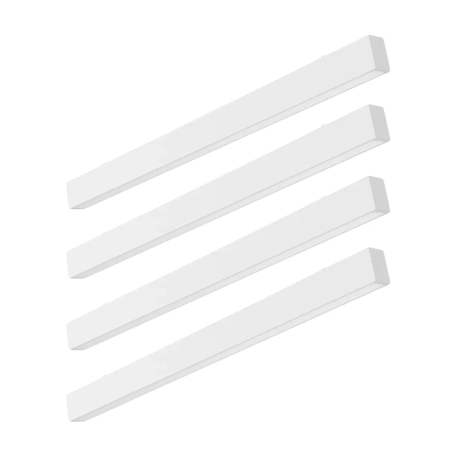 Four white rectangular light fixtures on a white background