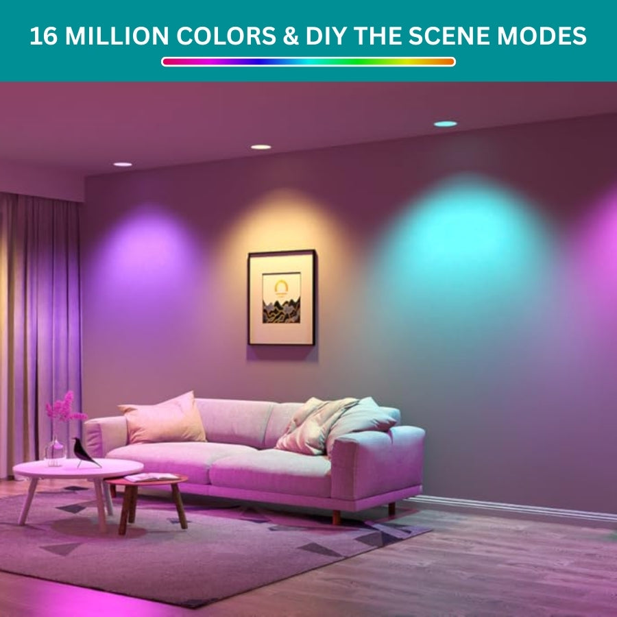 Living room with colorful lighting effects and a couch.