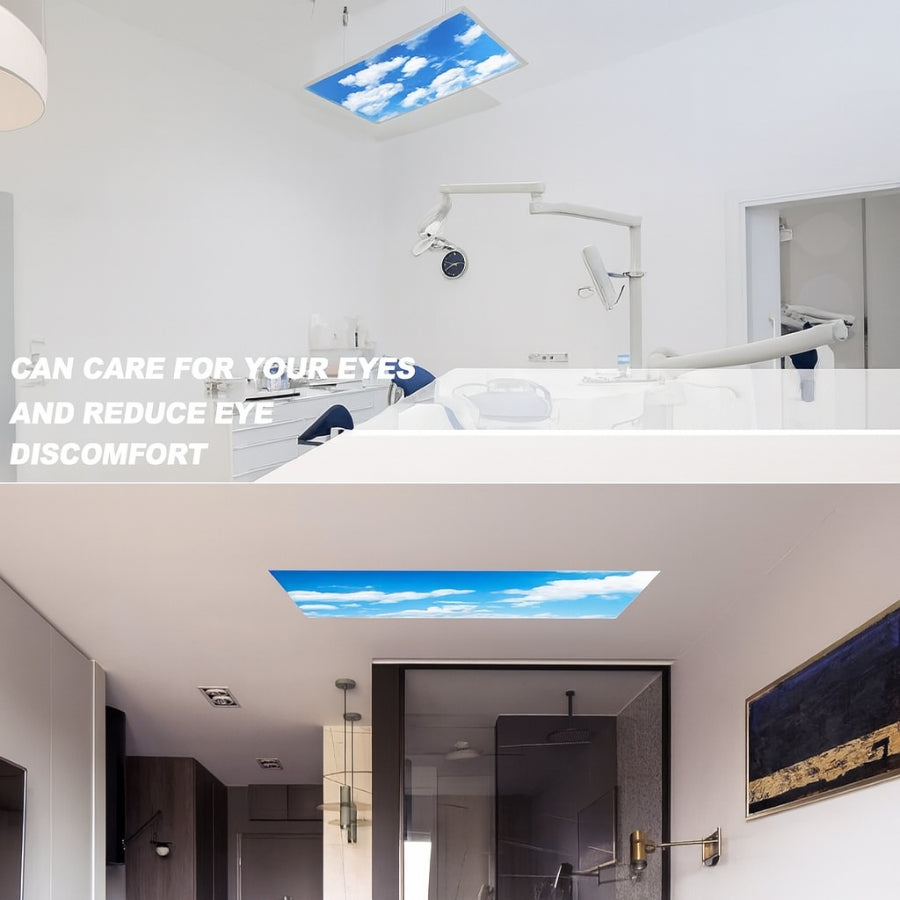 Bathroom interior with a skylight and text about eye care.