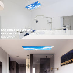 Bathroom interior with a skylight and text about eye care.