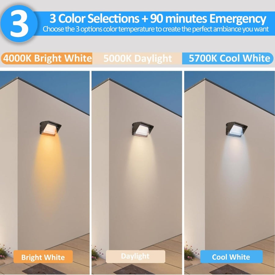80W LED Emergency Wall Pack Light fixture with three color temperature options displayed on a wall.