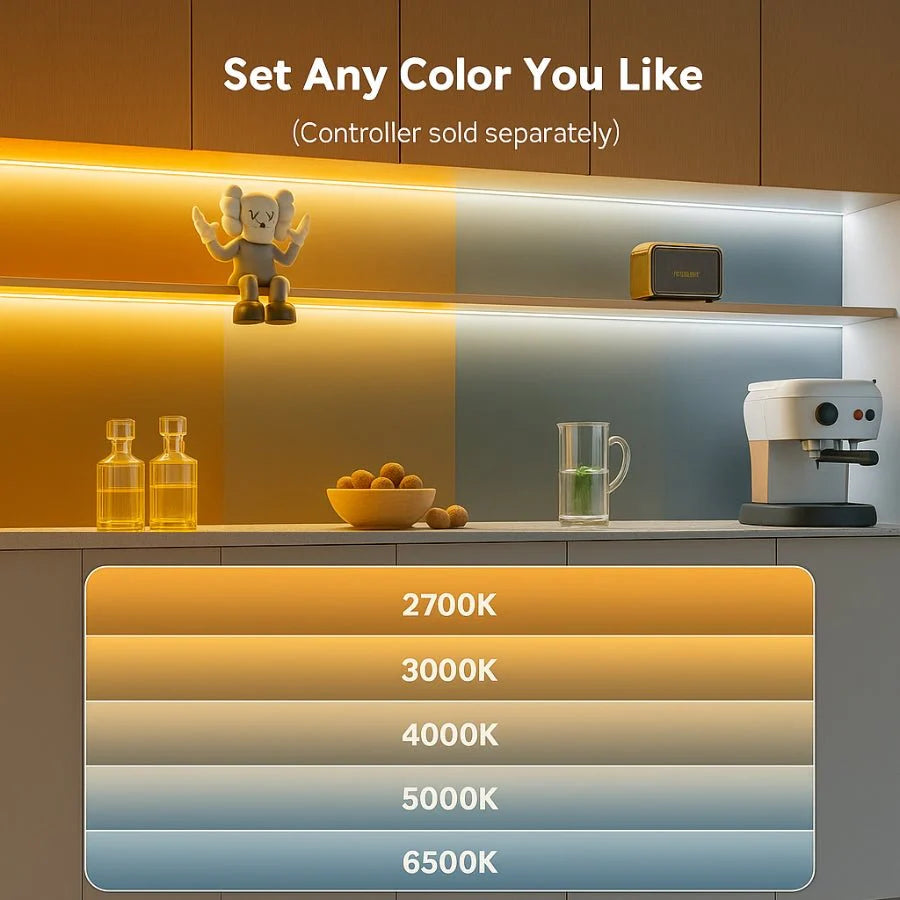Modern kitchen with LED strip lights and color temperature options displayed.
