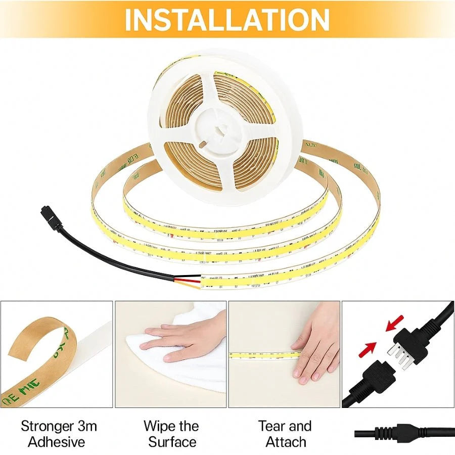 LED strip light with installation instructions on a white background