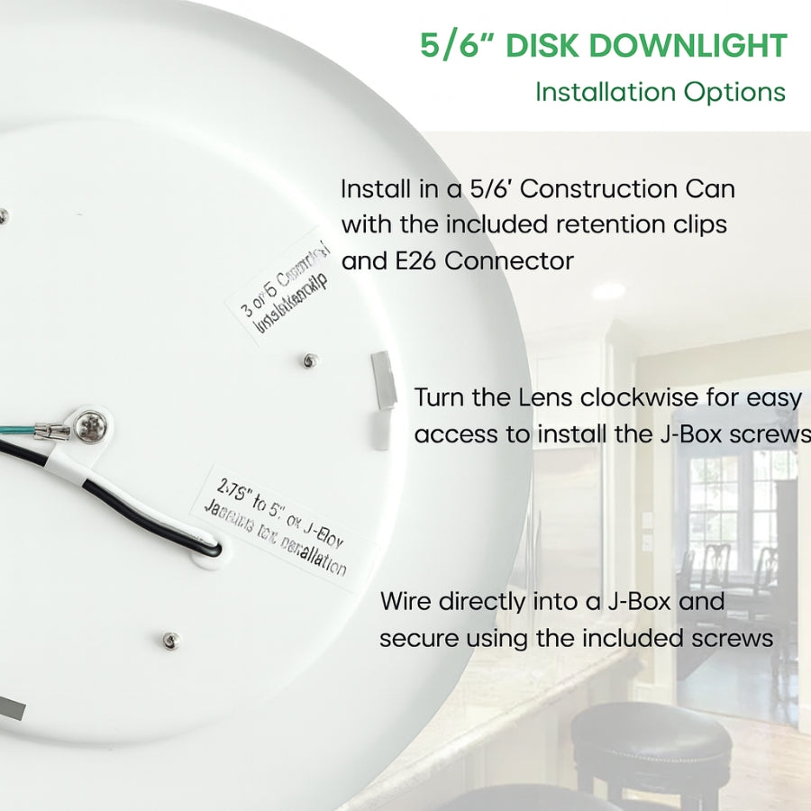 Disk downlight installation guide with text on installation options and components at fliptoled