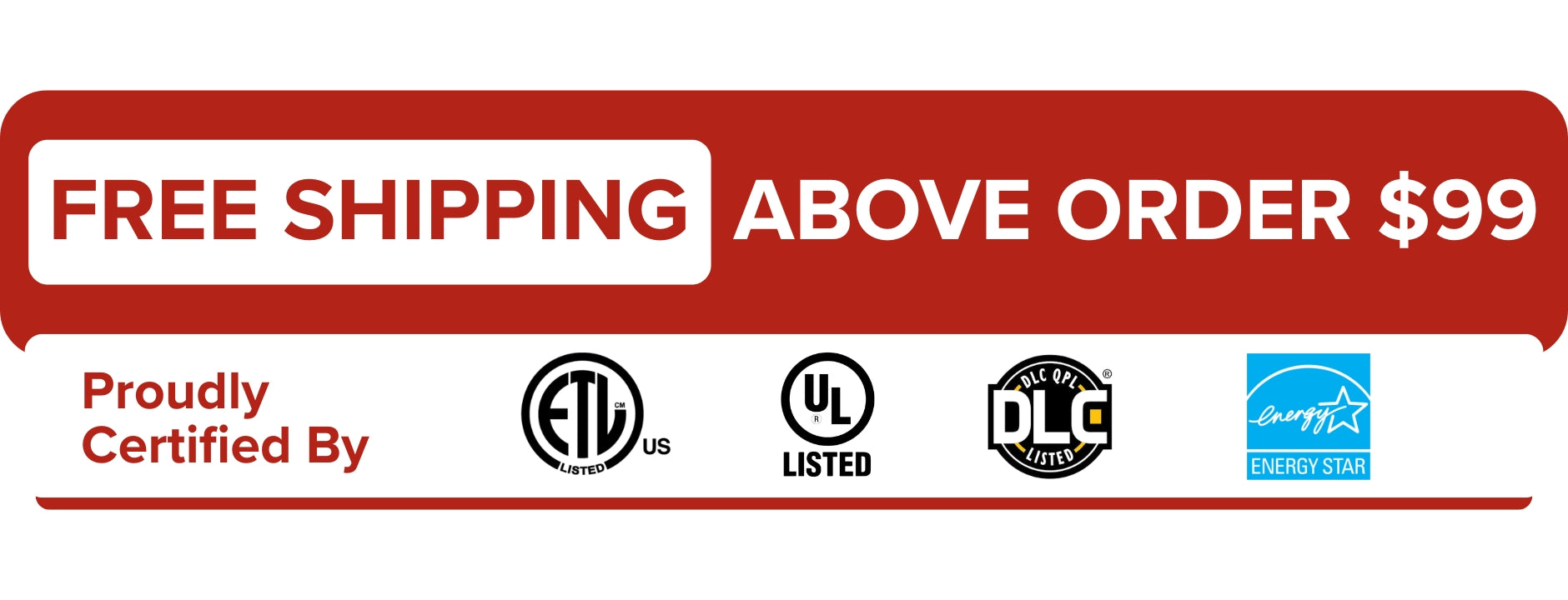 Free shipping banner with certification logos on a red background