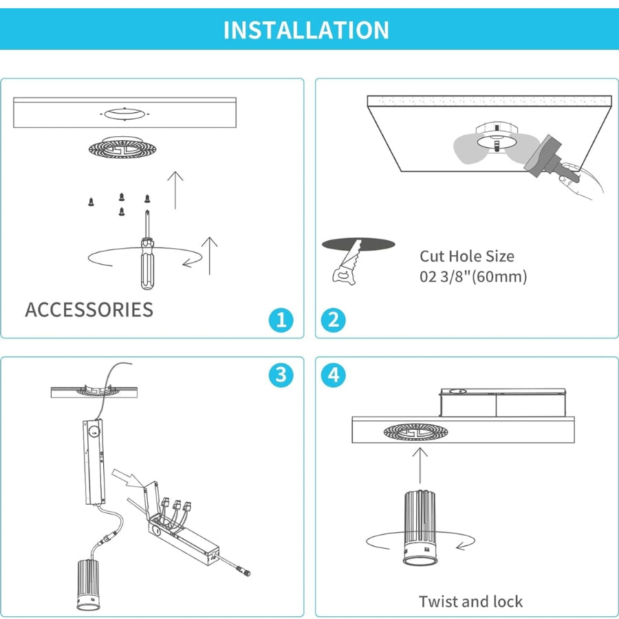 Step-by-step installation instructions for  1-Inch 7W Round LED Trimless Downlight ceiling fixture on a white background with blue accents.