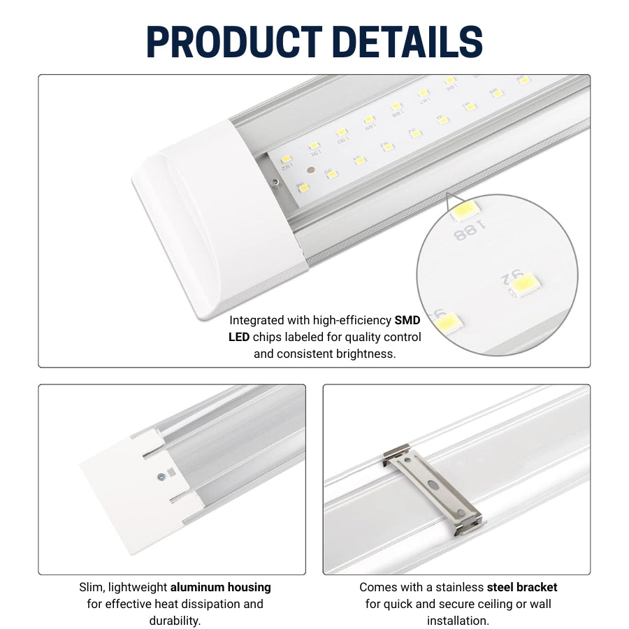 LED batten light fixture with detailed features and specifications on a white background
