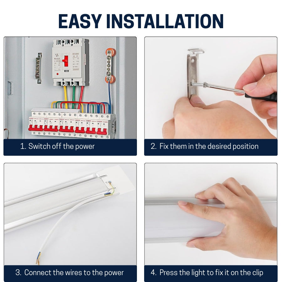 Step-by-step guide for easy installation of electrical components with text and images of LED batten light fixture at fliptoled