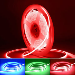 Spool of LED strip light with color options displayed below on a dark background