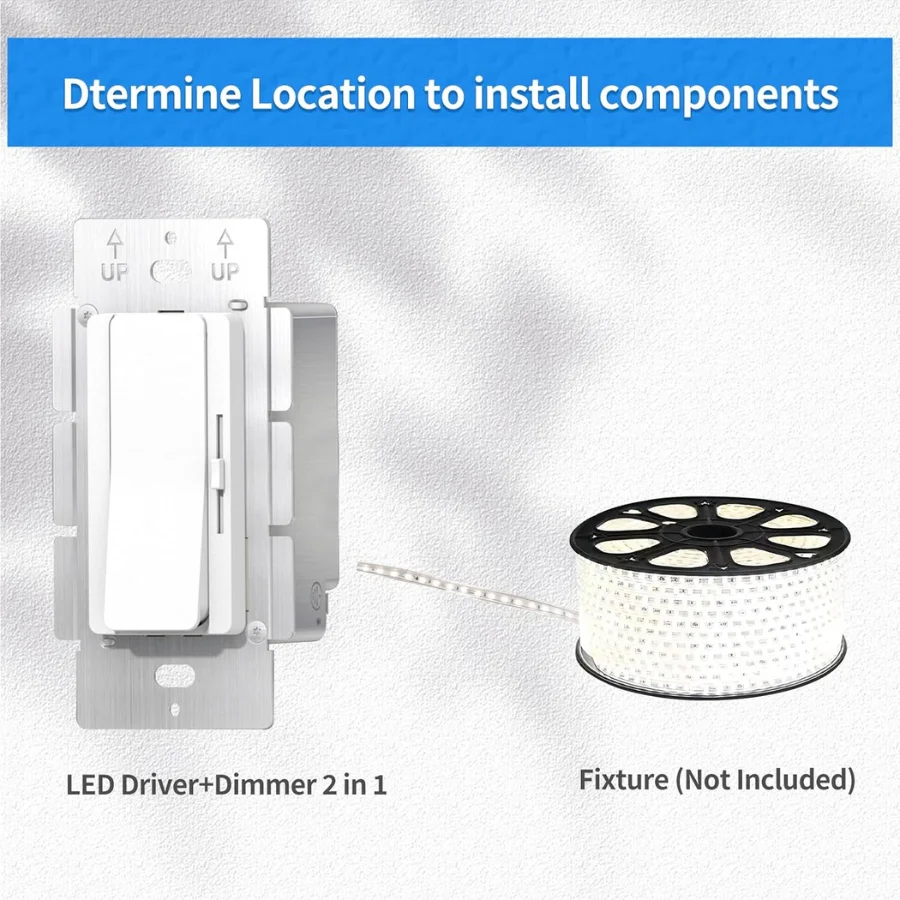 LED driver and dimmer with a spool of LED strip on a white background
