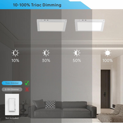 Living room with LED Flat panel ceiling lights showing different brightness levels and a Trac dimmer switch.