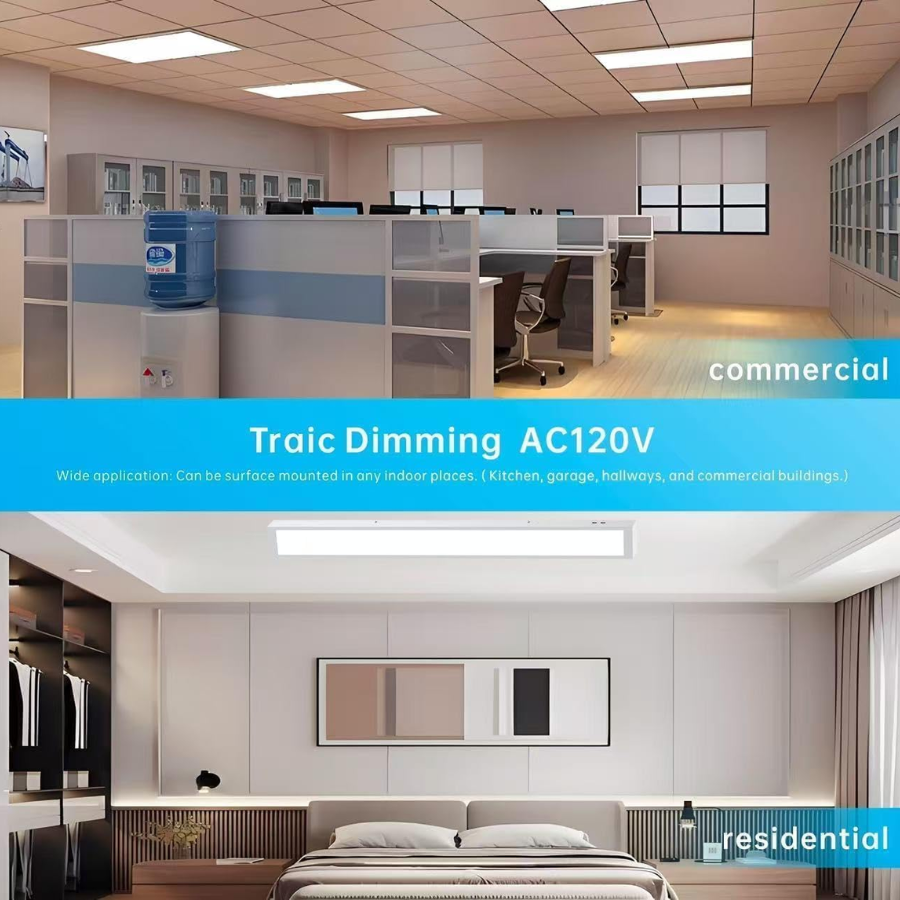 Modern office space with Traic Dimming AC120V lighting system, labeled for commercial and residential use. LED flat panel lights at fliptoled 