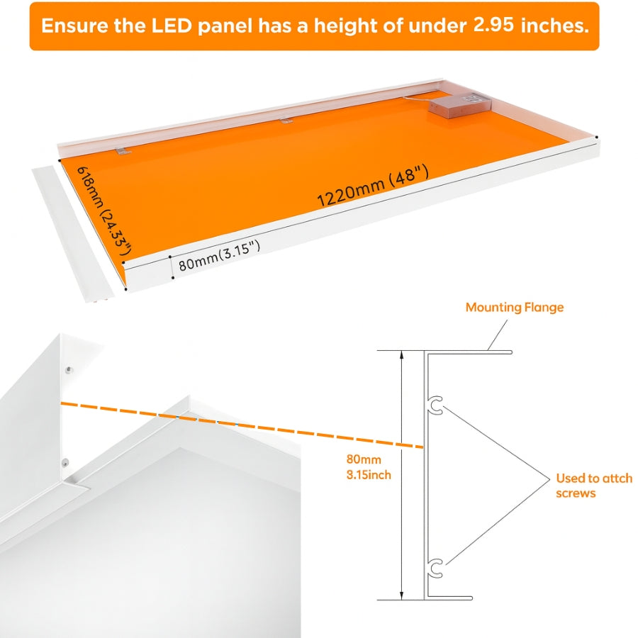 LED panel with dimensions and mounting flange details on a white background