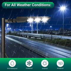 Street light on a highway with rain, featuring text 'For All Weather Conditions' and icons indicating waterproof, frostproof, sunproof, and windproof features.