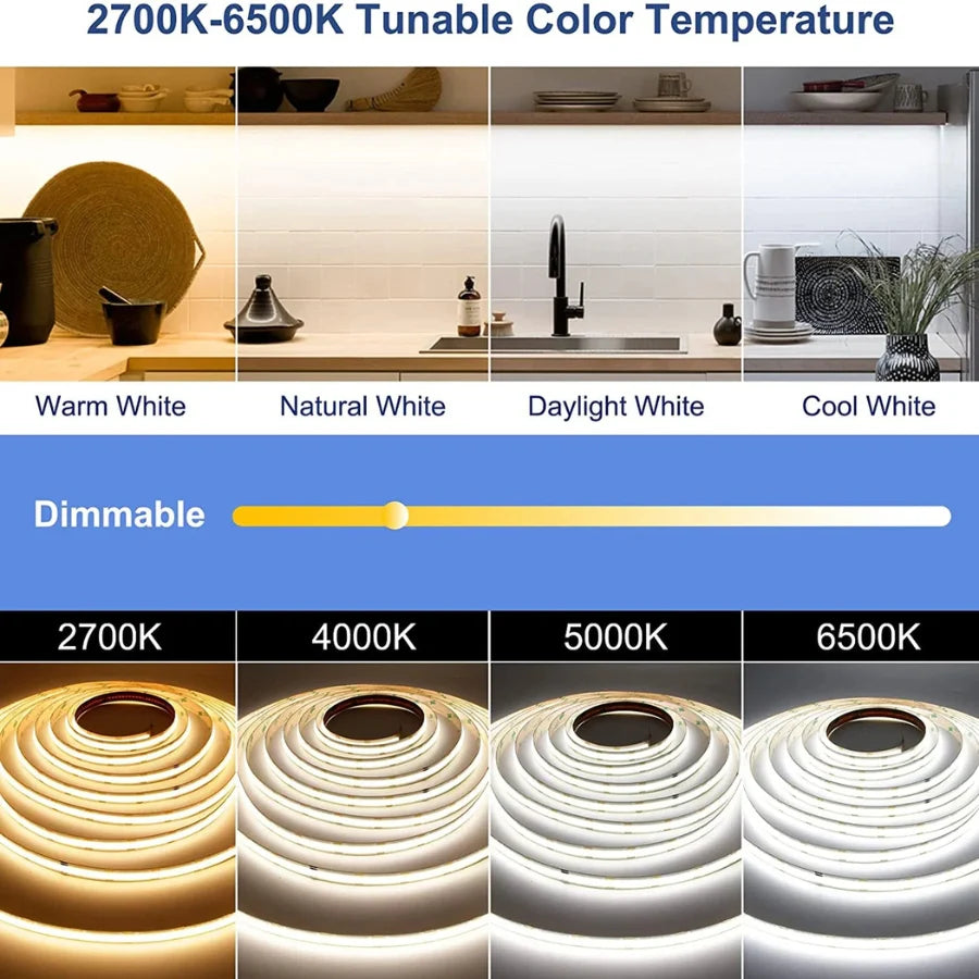 LED strip light with tunable color temperature options and dimmability feature.