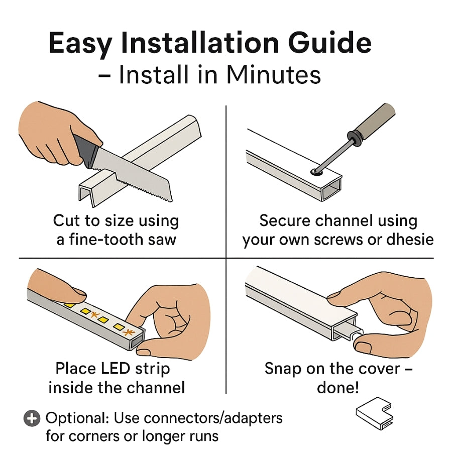 Step-by-step installation guide for a channel and LED strip system.