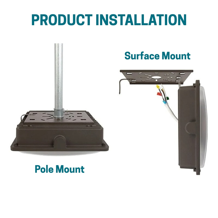 Product installation guide t with pole mount and surface mount options on a white background.