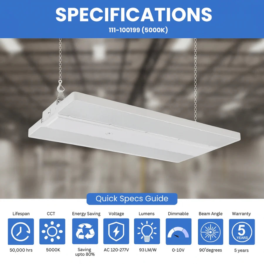 LED linear light fixture with specifications on a blurred warehouse background