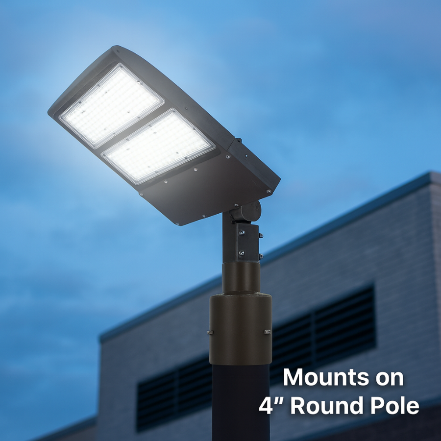 Street light fixture on a pole with a building in the background