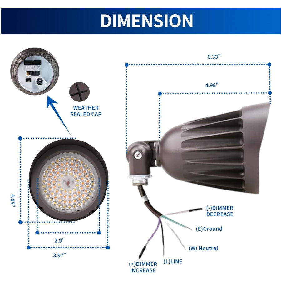 Technical diagram of a LED light fixture with dimensions and wiring labels.