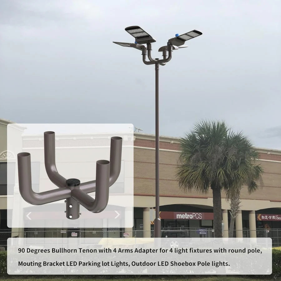 Outdoor LED shoebox pole lights with a 90 Degrees Bullhorn Tenon adapter in front of a building.