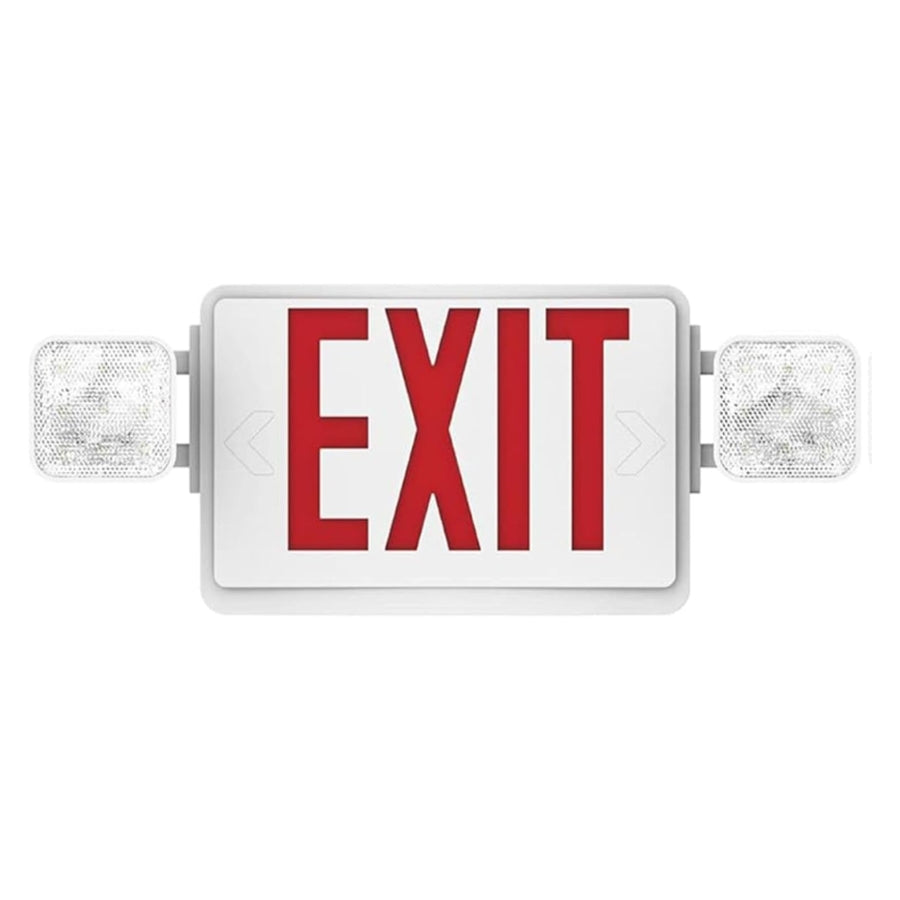 Red 'EXIT' sign with two lights on a white background