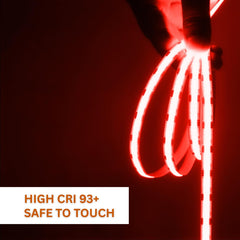 Red LED strip light with text 'HIGH CRI 93+ SAFE TO TOUCH' on a dark background
