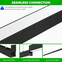 Seamless connection of 5568 Remote Series Linear Lights with text and icons on a white background.