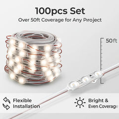 LED Modules SMD 2835 1.5W 100pcs Set – Red/Green/White, 390LM/Module, 110V/220V Direct Power, IP65 Waterproof, 130LM/W, CRI 90+, Dimmable, UL Certified, 50,000 Hrs, 3-Year Warranty, 48FT Length