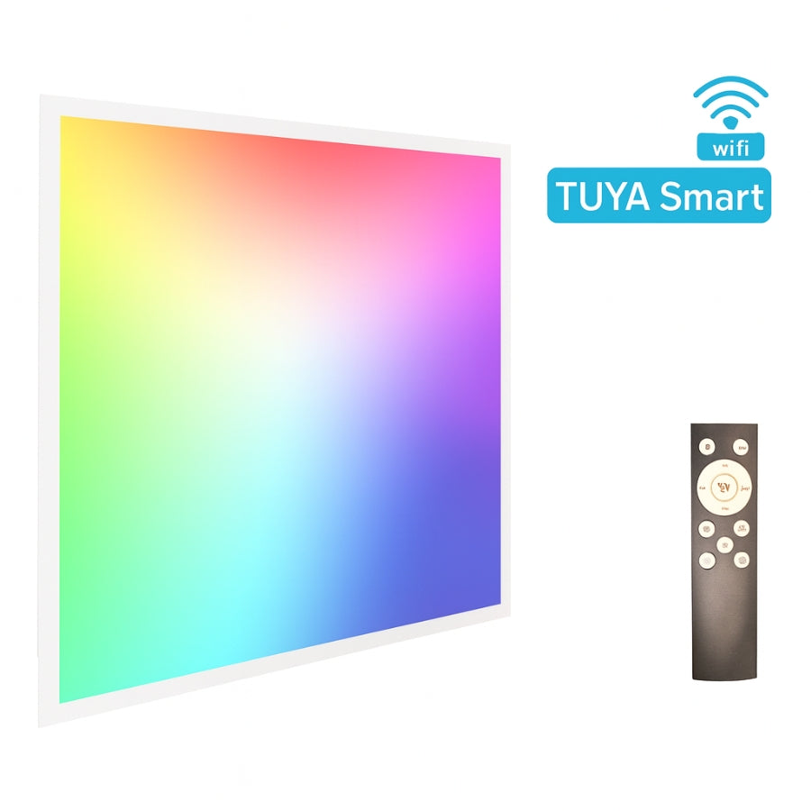 Smart LED panel with gradient color display and TUYA Smart remote control on a white background