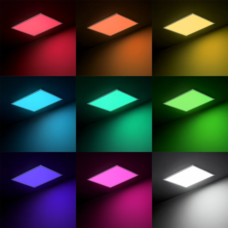 Square LED light panel showing color-changing capabilities in various colors.