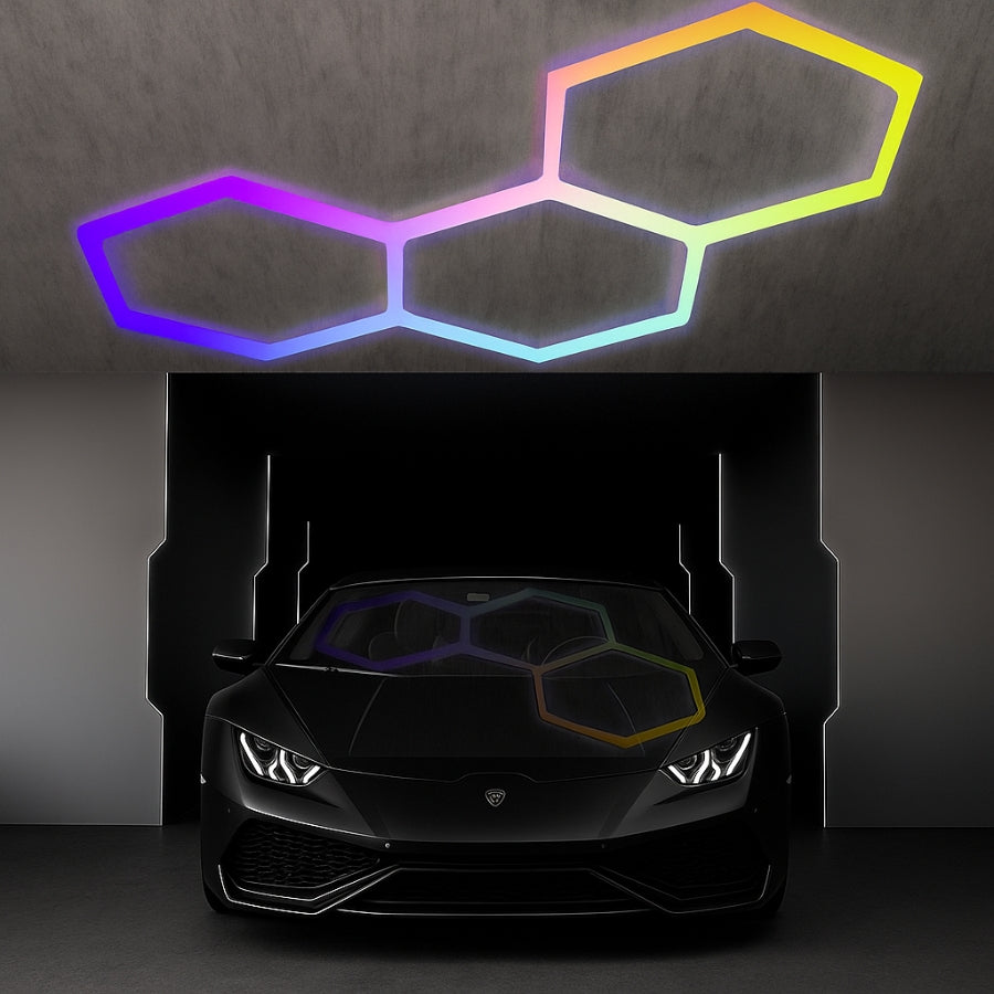 Honeycomb LED Hexagon Lights 3-Pack & 16-Pack RGB Garage Tube Lights, 358 Color Modes, Remote & App Control, IP54 Waterproof Ceiling Lighting for Gaming, Gym, Party, Bar