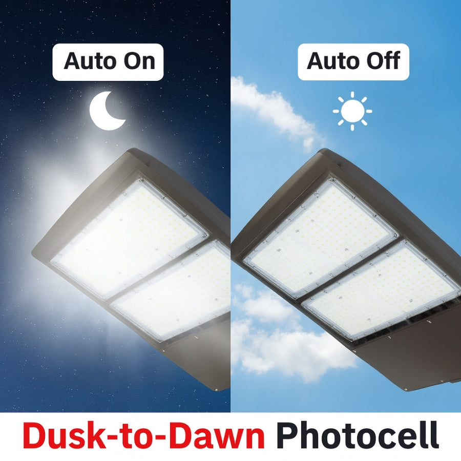 300W LED Parking Lot Light, 1000W MH Equivalent, 40,500 Lumens, 5000K Cool White, Type III-M Distribution, 1–10V Dimmable, IP65 Waterproof, Bronze Housing, Optional Photocell, DLC 5.1 Premium – 5 Year Warranty
