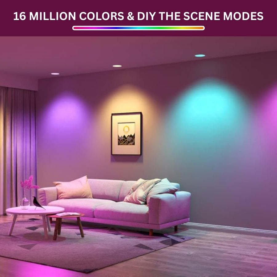 Living room with colorful lighting effects and a couch.