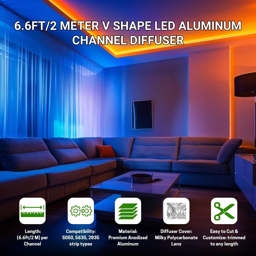 aluminum led channel for led strip lights​ Living room with LED lighting system and product details displayed.