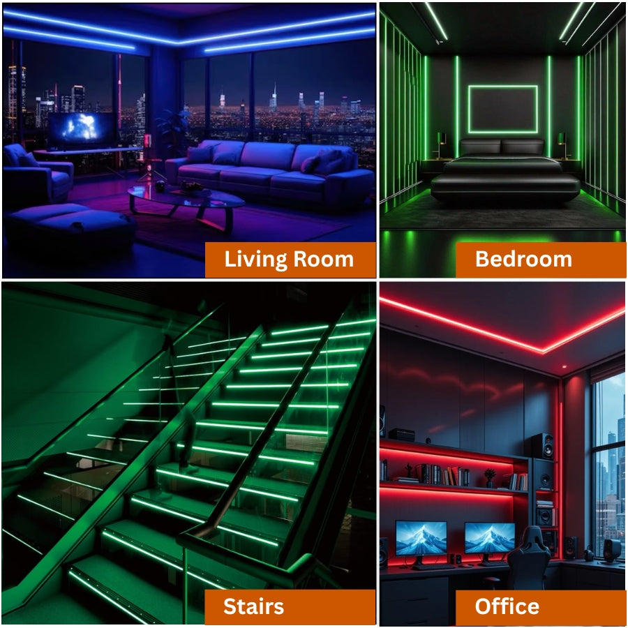 Collage of a living room, bedroom, stairs, and office with neon lighting application of cob lights
