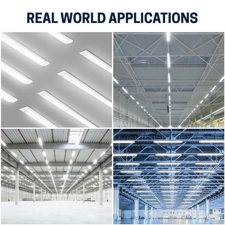 Collage of industrial ceiling lights in warehouse settings with text 'Real World Applications' of LED batten lights at fliptoled.com