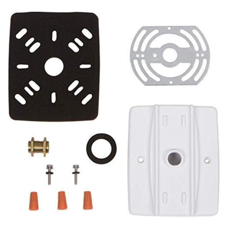 Set of plumbing parts including a black rubber washer, white plastic component, and various small components on a white background.