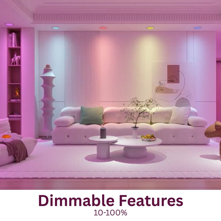Modern living room with pink lighting and furniture, featuring dimmable feature text.