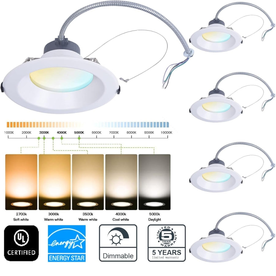 Set of LED canless downlight with flexible necks and color temperature chart on a white background