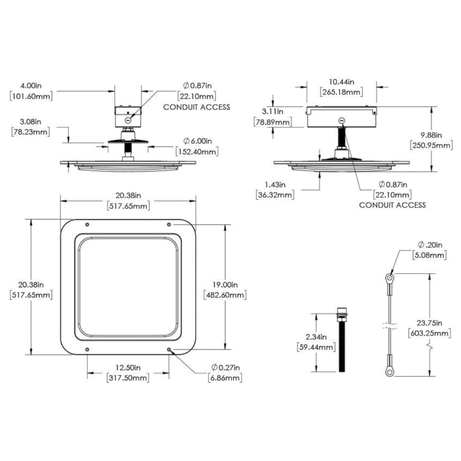 Technical drawing of a canopy led lights for gas stations​ ceiling light fixture with dimensions labeled