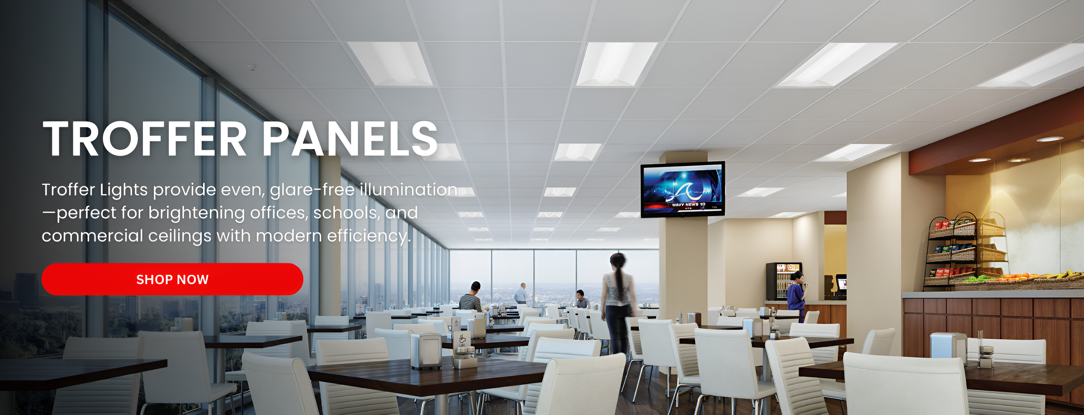 Modern office cafeteria with Troffer panels and a TV screen, featuring text about the product at fliptoled 