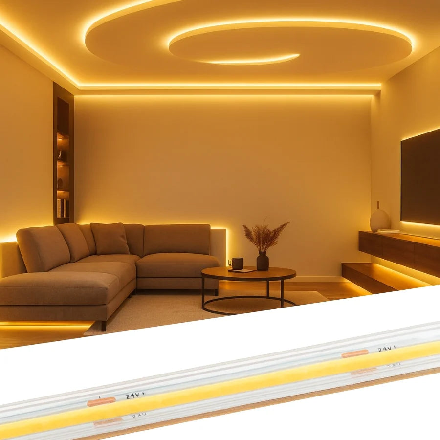 Modern living room with LED strip lights on ceiling and wall, featuring a brown sectional sofa and coffee table.